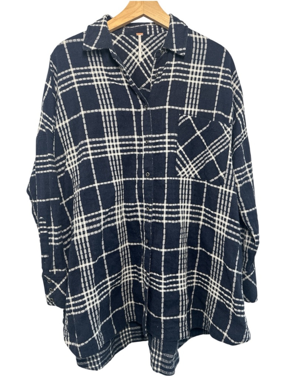 Free People Oversized Navy & White Flannel Plaid Button-Up Shirt